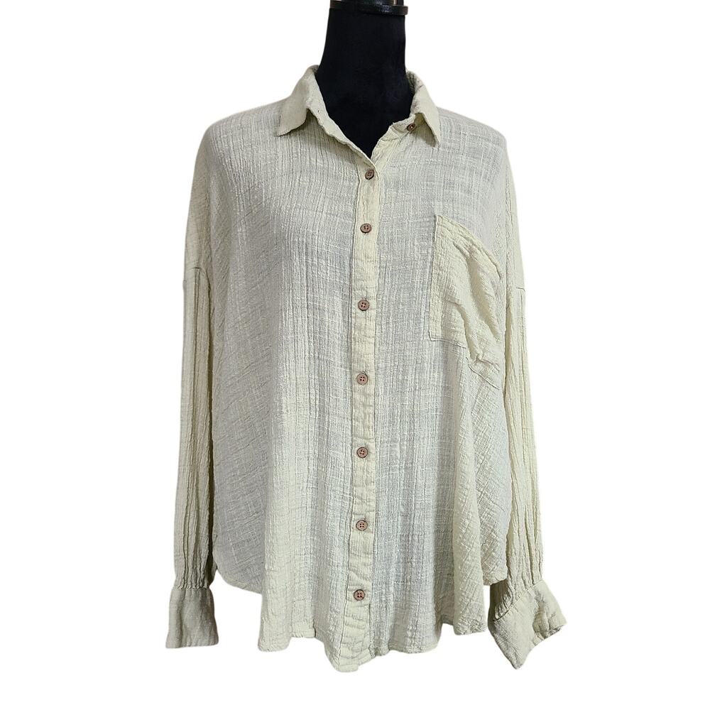 Free‎ People Button Shirt Womens M Light Green Gauze Boho Lagenlook Oversized